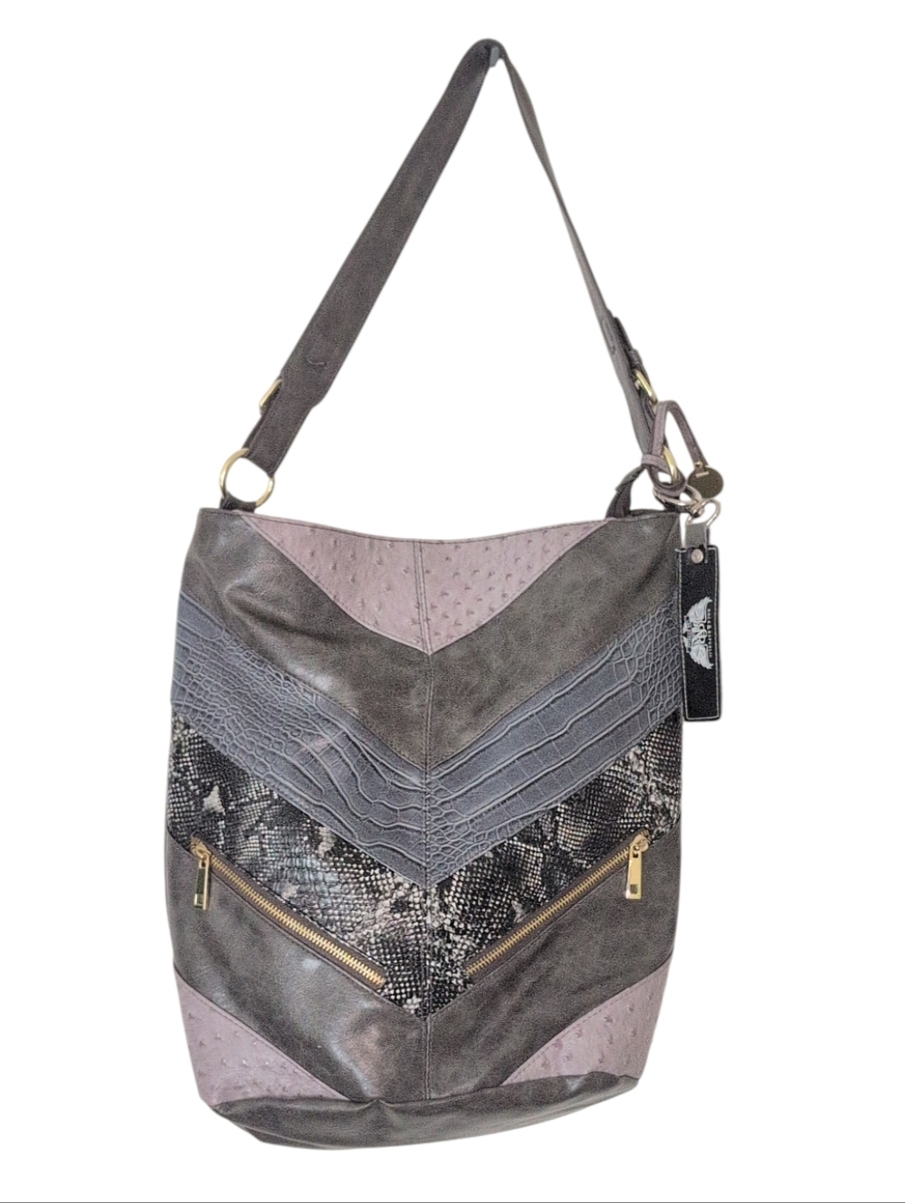 Rock & Republic Hobo Style Multi Texture Rare Shoulder Bag Grey / Gold Hardware